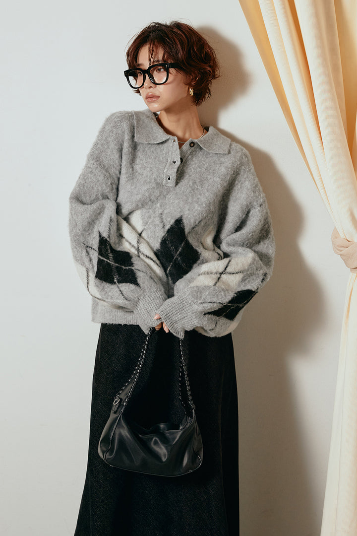 [SET]アーガイル柄ポロニットトップス+スウェードライクロングスカート(2set)