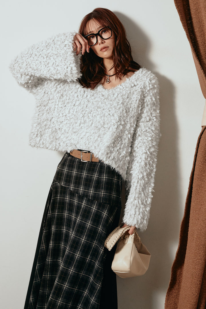 [SET]深Vネックチョウチョヤーンニットトップス+フェイクレザーベルト付き切り替えタータンチェックスカート(2set)