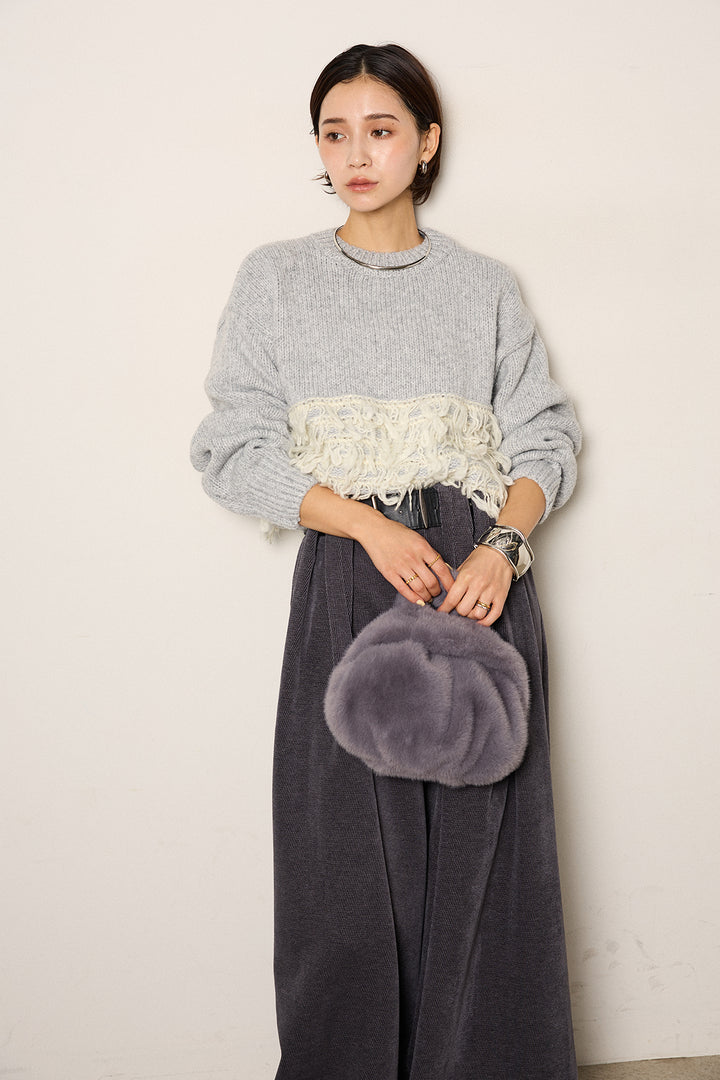 [SET]ループ編み切り替えニットプルオーバー+ベルトループコーデュロイワイドパンツ(2set)