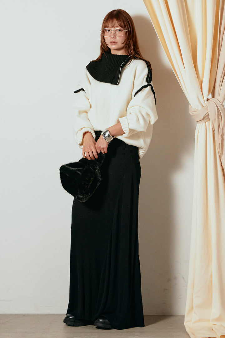 [SET]ハイネックジップデザインニットトップス+サイド切り替えリブニットロングスカート(2set)