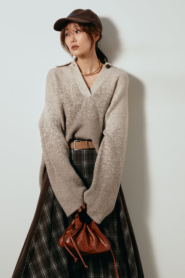 [SET]グラデーションラメニットキーネックプルオーバー+フェイクレザーベルト付き切り替えタータンチェックスカート(2set)