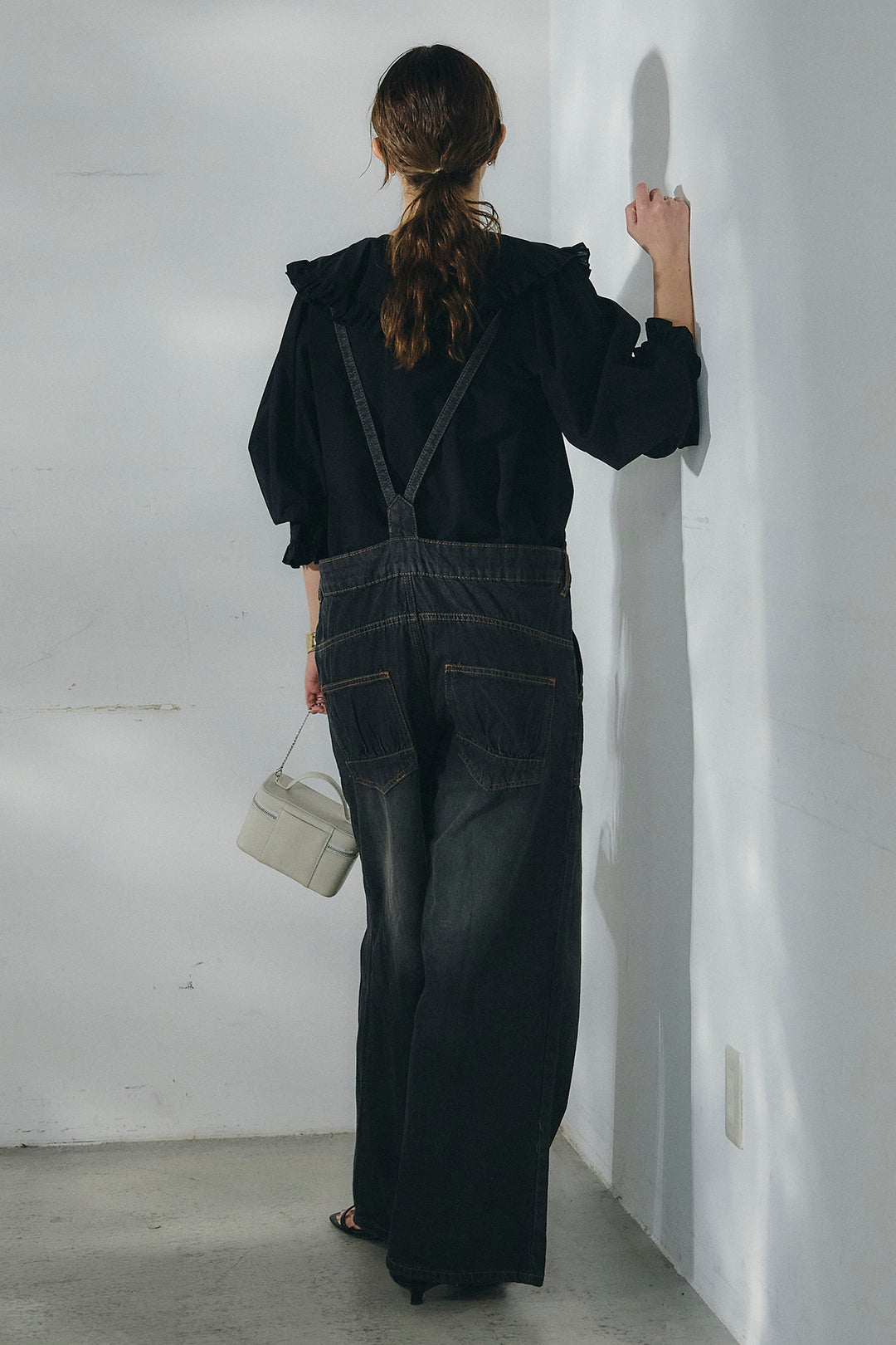 [SET]コットンフリルブラウス+デニムサロペットワイドパンツ(2set)