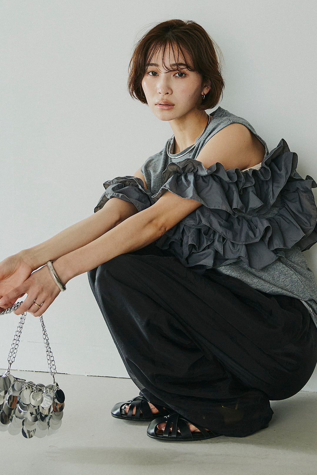 [SET]天竺ナイロンドッキングビスチェ風トップス+オーガンジータックパンツ(2set)