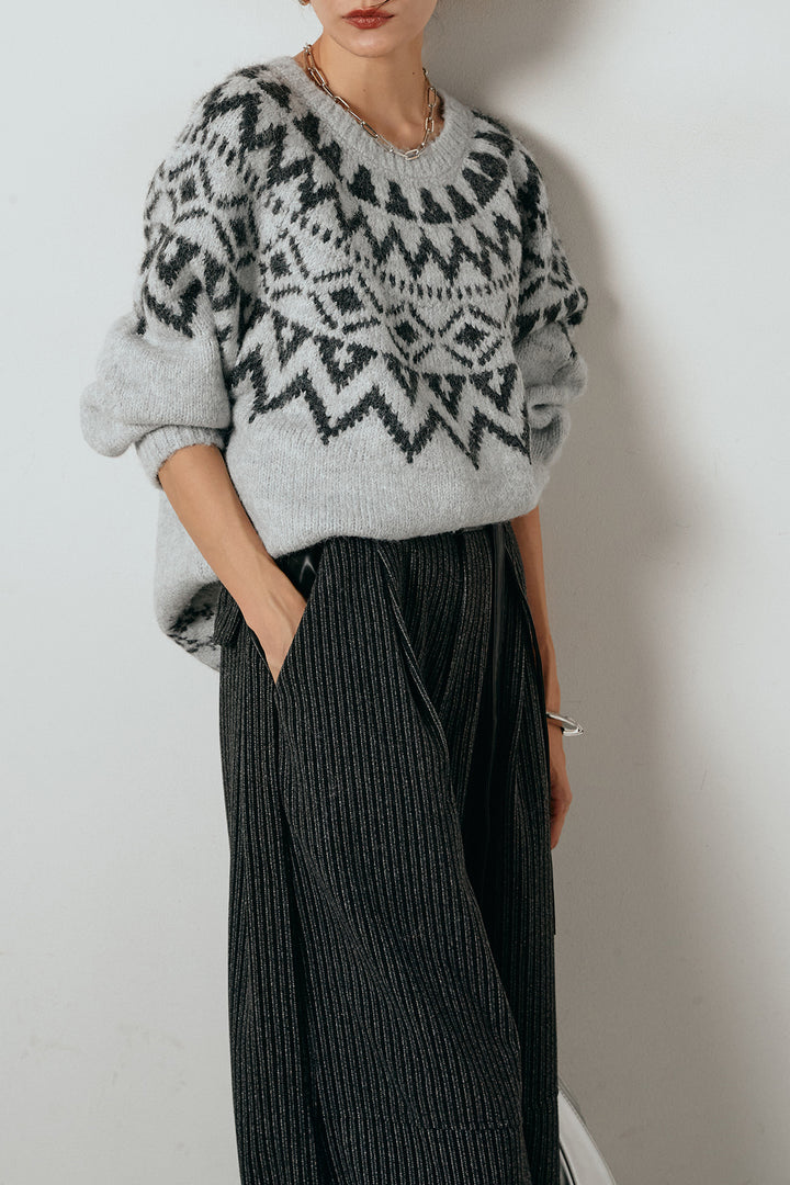 [SET]ノルディック柄Uネックプルオーバー+レザーライク配色ストライプパンツ(2set)