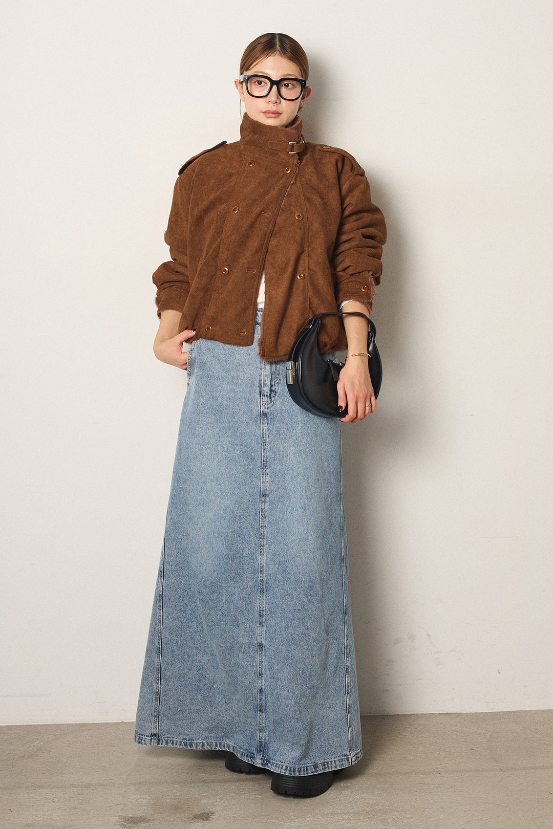[SET]スタンド襟スウェードライクアウター+デニムロングフレアスカート(2set)