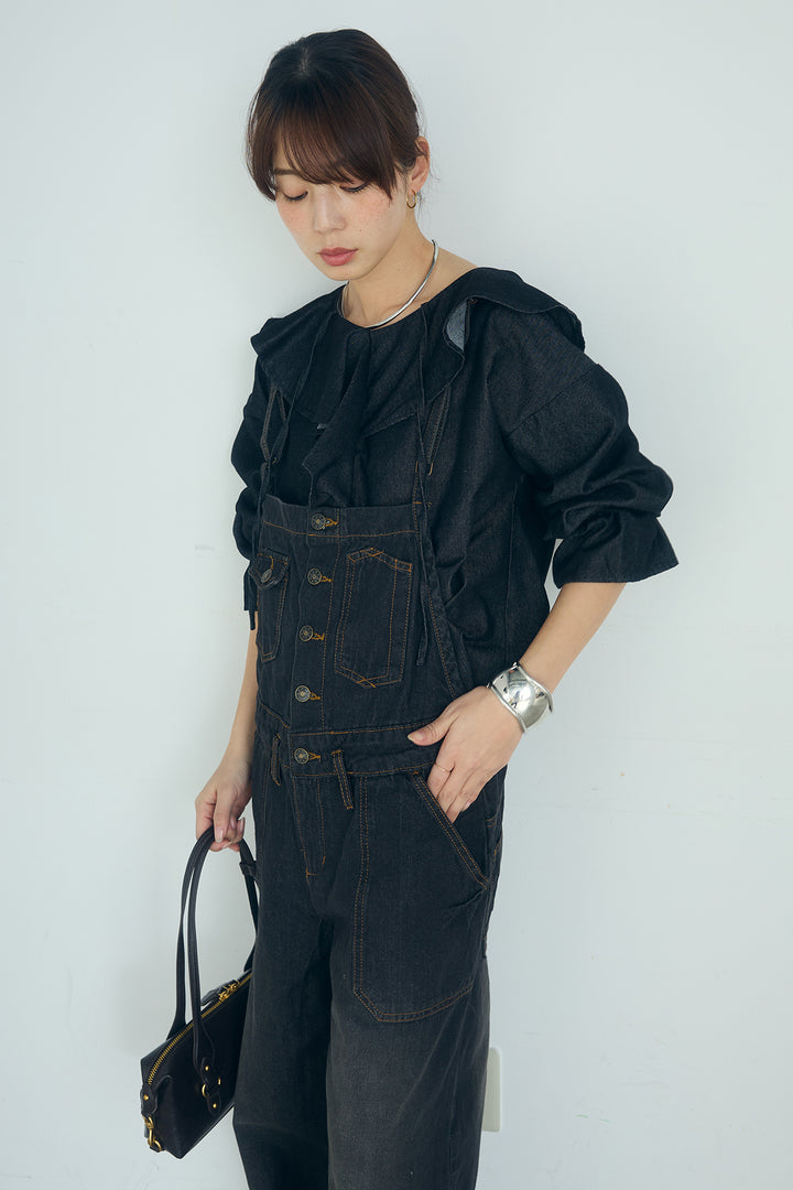 [SET]デニムフリルブラウス+デニムサロペットワイドパンツ(2set)