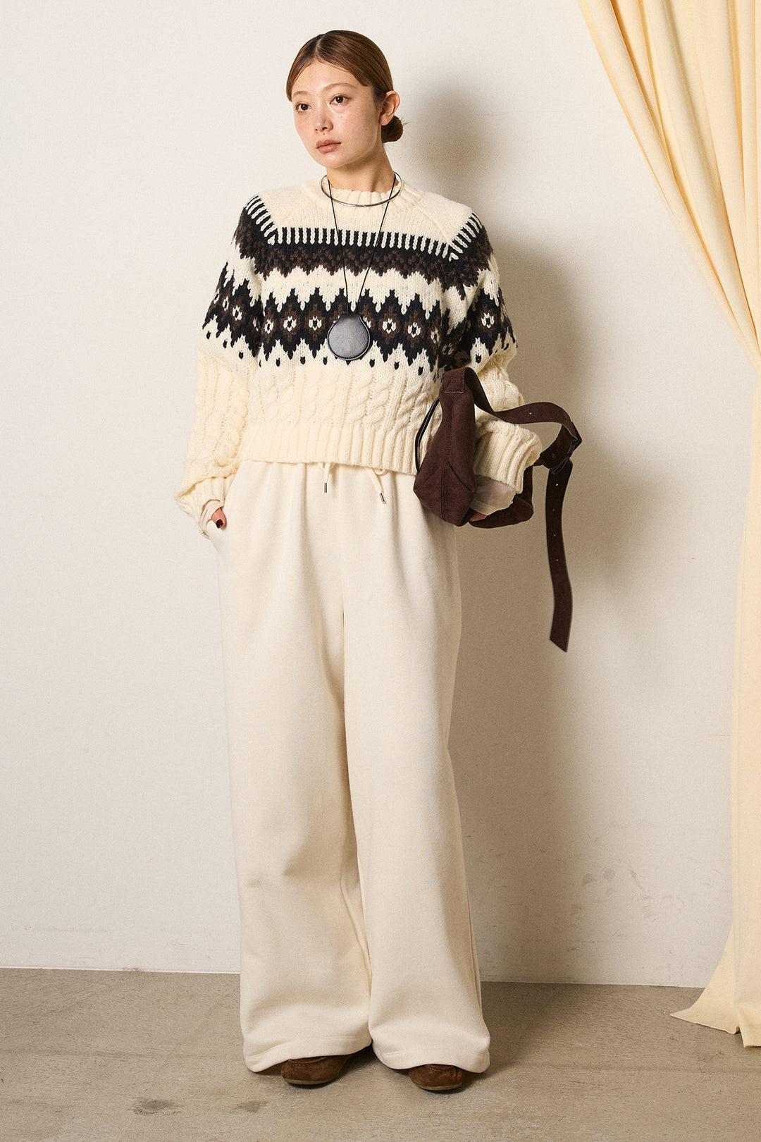 [SET]2WAY求心柄ジャガードショートカーディガン+裏起毛スウェットワイドパンツ(2set)