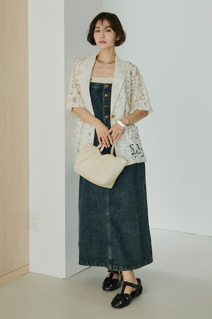 [SET]シアージャガードハーフスリーブテーラードジャケット+配色ショルダーデニムサロペットスカート(2set)