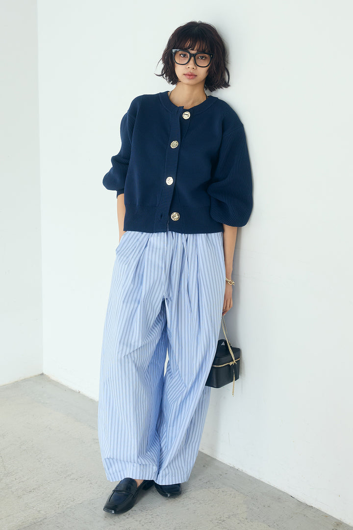 [SET]スポンディッシュBIGボタンクルーネックカーディガン+ランダムストライプタックギャザーパンツ(2set)