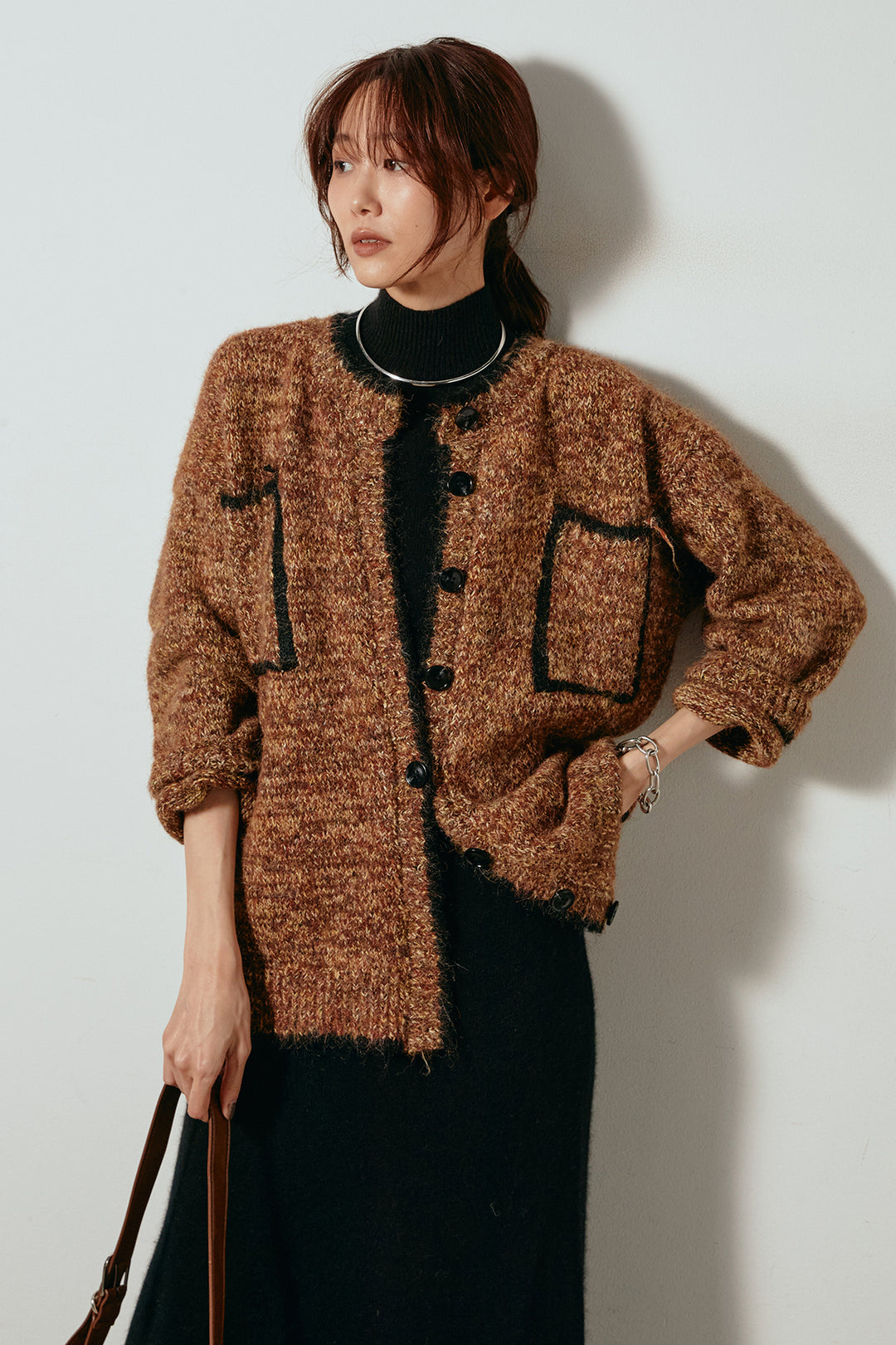 [SET]ミックスニットポケットカーディガン+ノースリーブニットロングワンピース(2set)