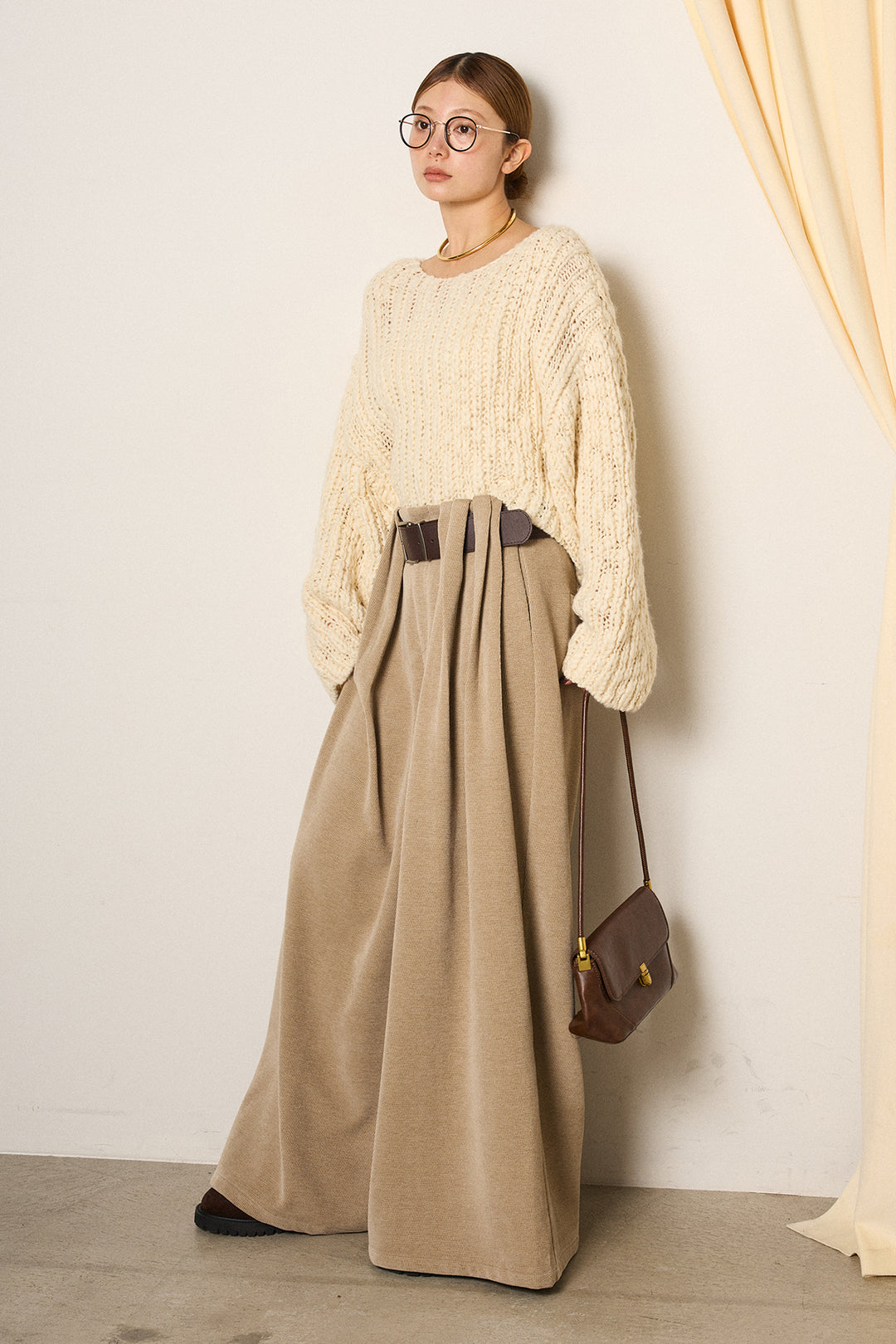 [SET]チャンキースラブニットクロップドプルオーバー+ベルトループコーデュロイワイドパンツ(2set)