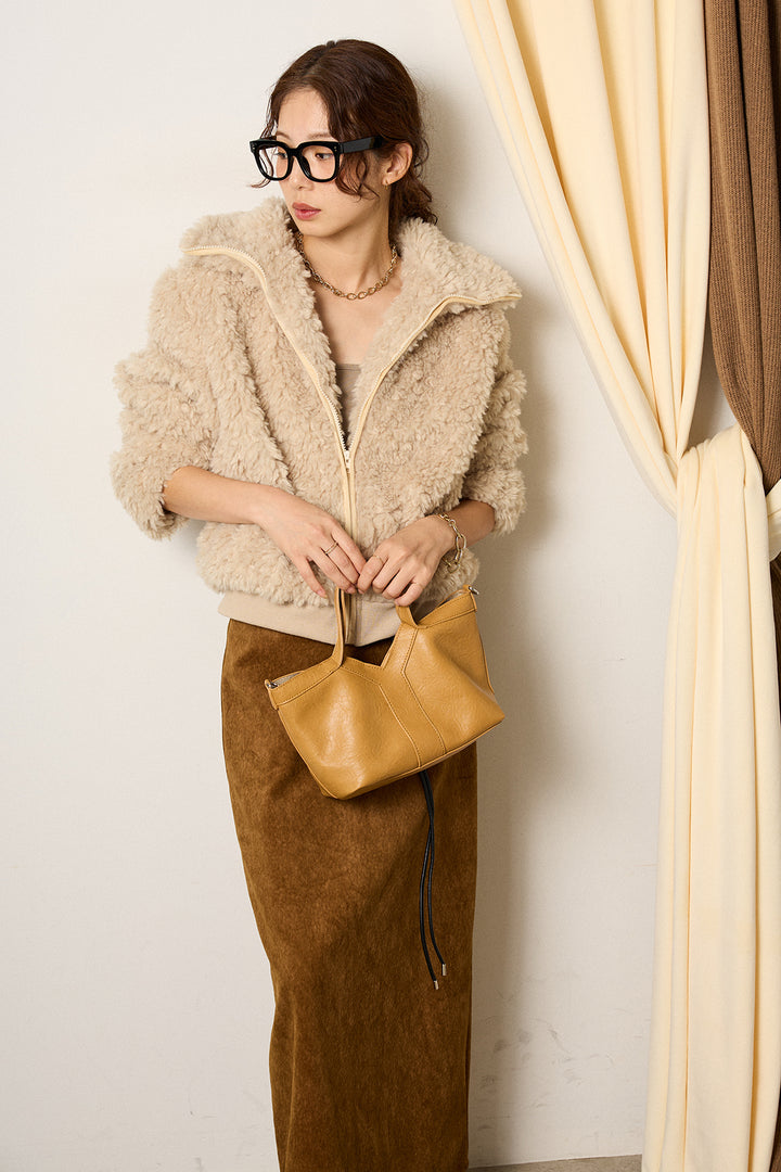 [SET]スタンドカラー裾リブボアブルゾン+ロープベルト付きスウェード調スカート(2set)