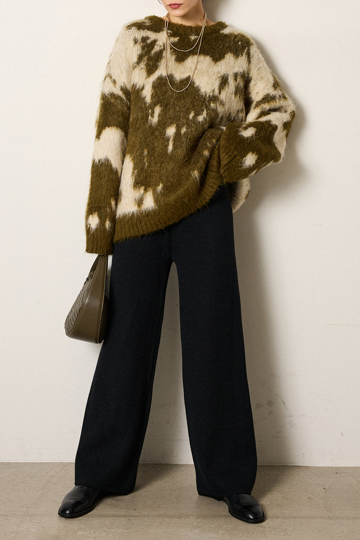 [SET]モヘアタッチマーブルニット+箔プリントBIGシルエットロングスリーブTシャツ+ワイドリブニットイージーパンツ(3set)