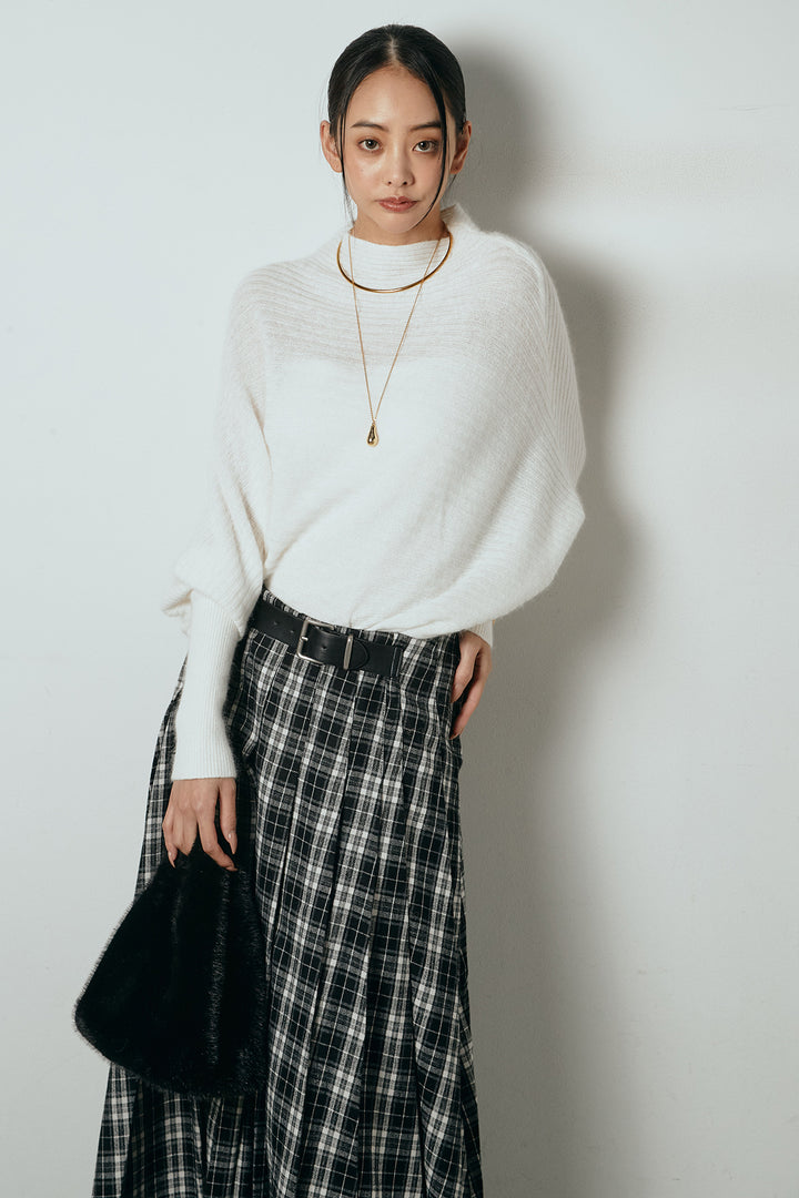 [SET]ポンチョシルエット透かしニットトップス+ベルト付きタータンチェックプリーツスカート(2set)