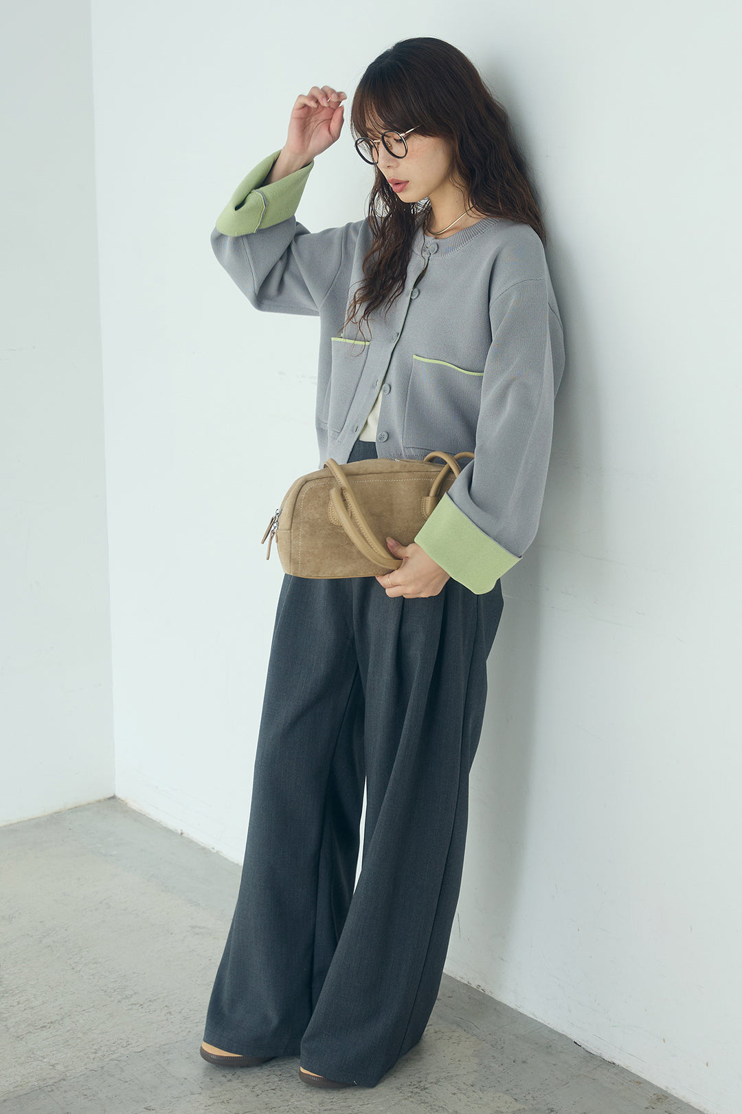 [SET]レーヨンポリダブルフェイスカーディガン+サイドベルトタック入りスラックス(2set)