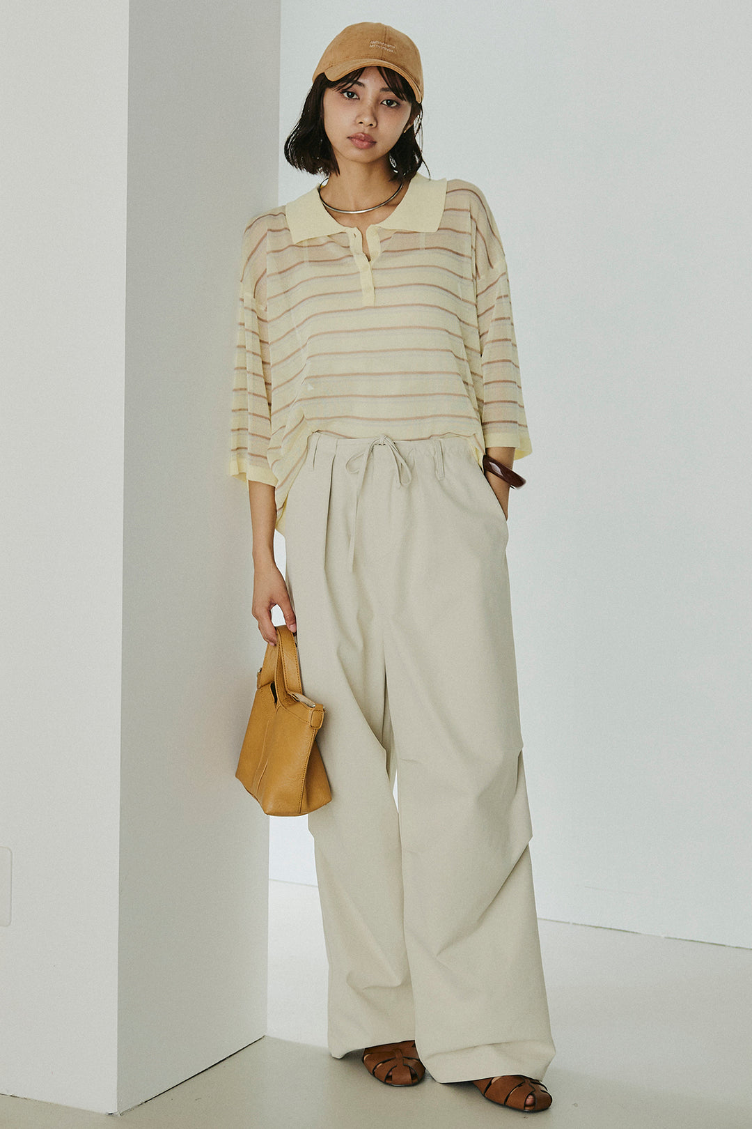 [SET]ボーダーニットポロシャツ+ニーサイドタックウエストドロスパンツ(2set)