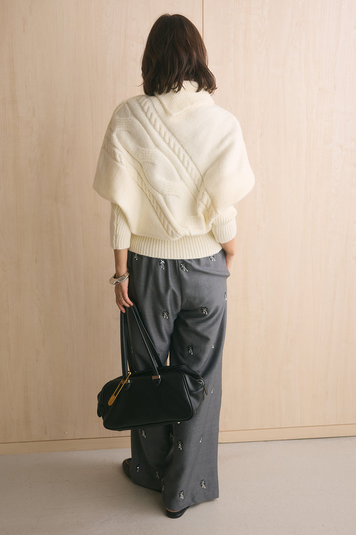 [SET]アシメカラーボタンケーブルニット+総ビーズ刺繍パンツ(2set)
