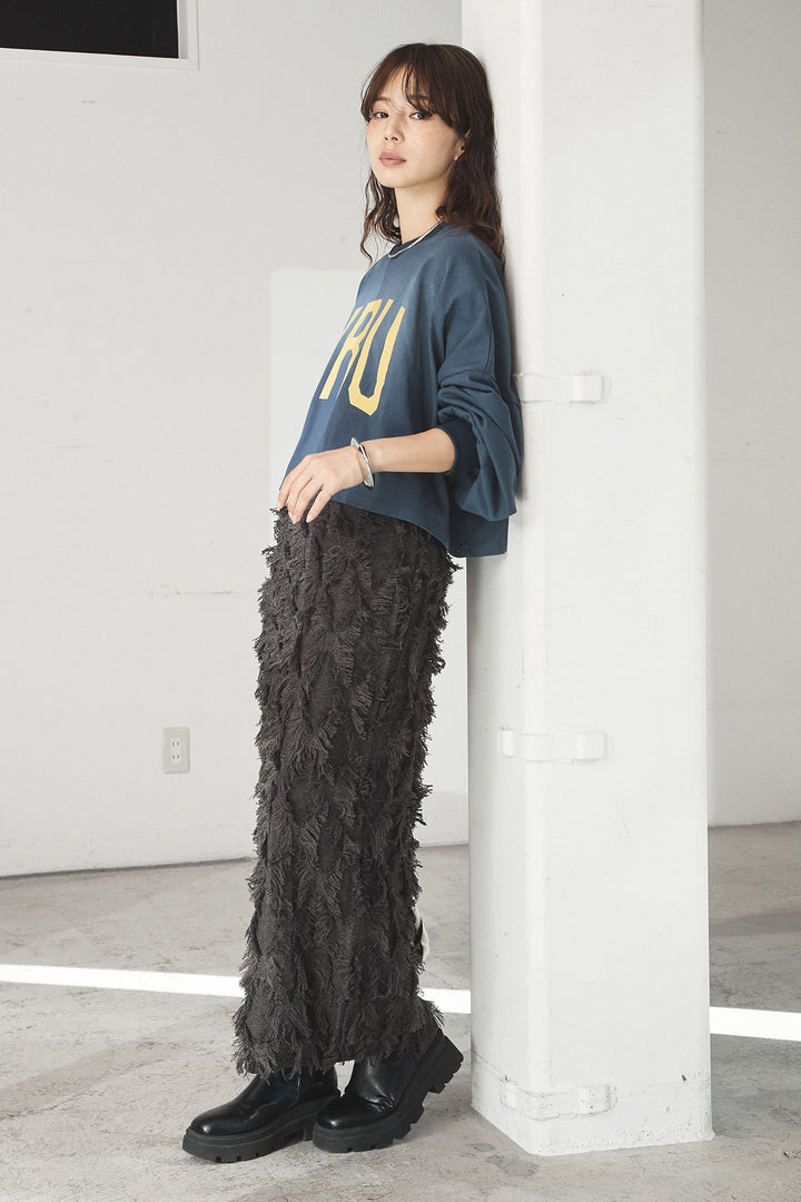 [SET]ビッグロゴHRU袖ボリュームトップス+カットフリンジニットタイトスカート(2set)