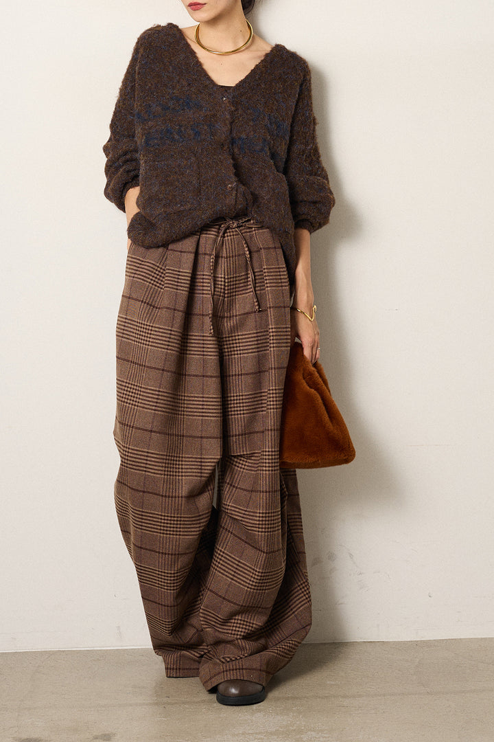[SET]ウール混透かしロゴニットカーディガン+グレンチェックルーズタックパンツ(2set)