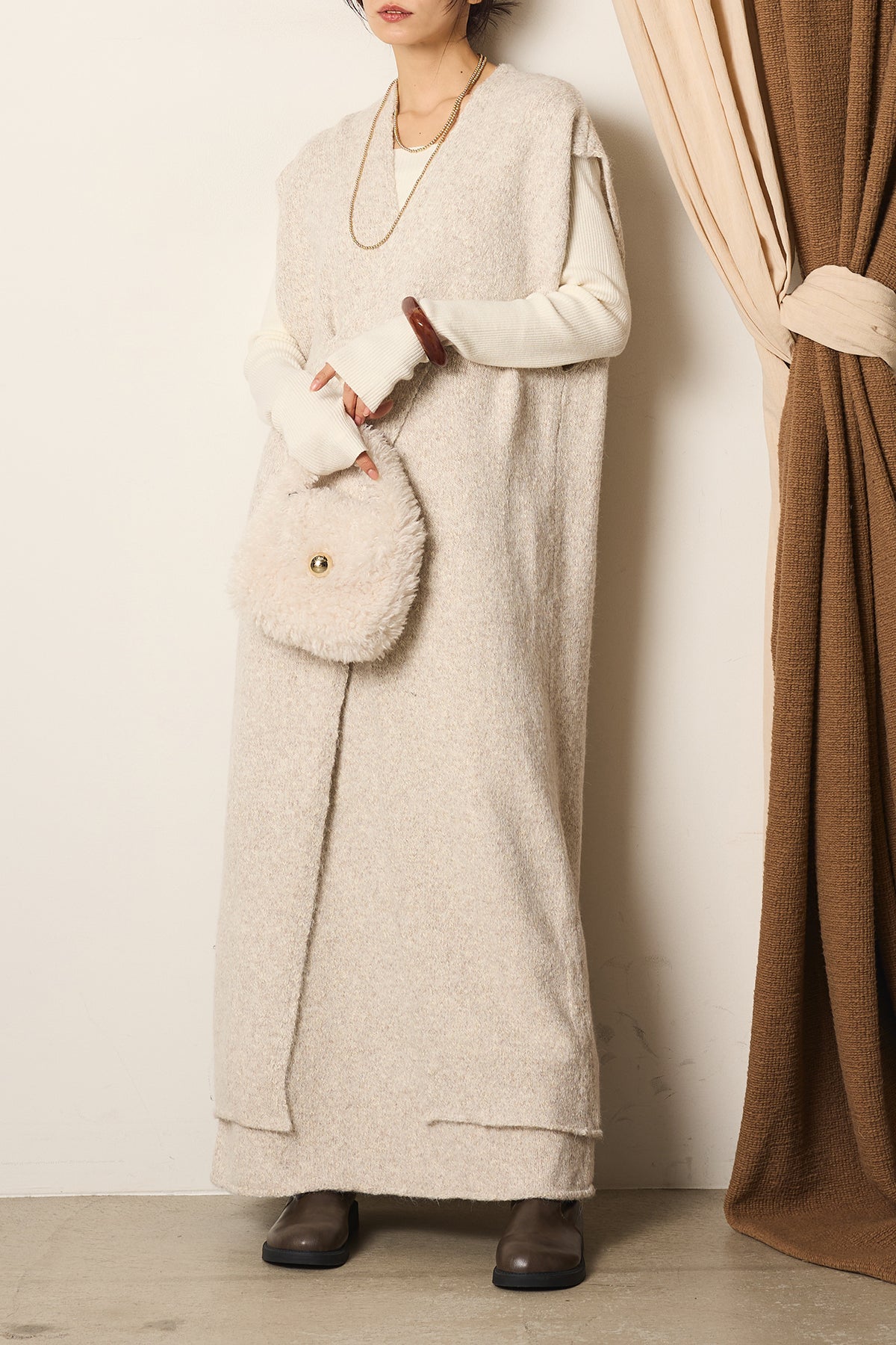 SET]クロスデザインミックスニットワンピース+ミックスワイドニット