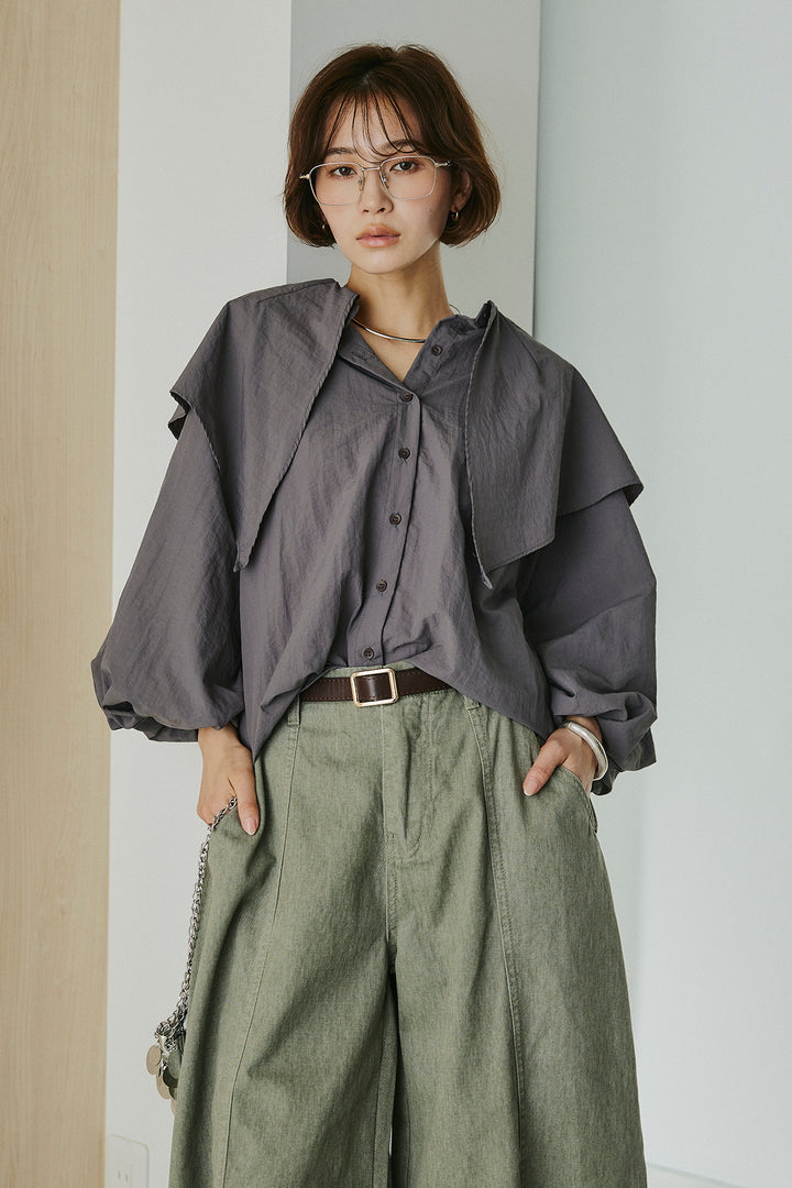 [SET]ケープカラーナイロンブラウス+サイドベルトカーブワイドパンツ(2set)