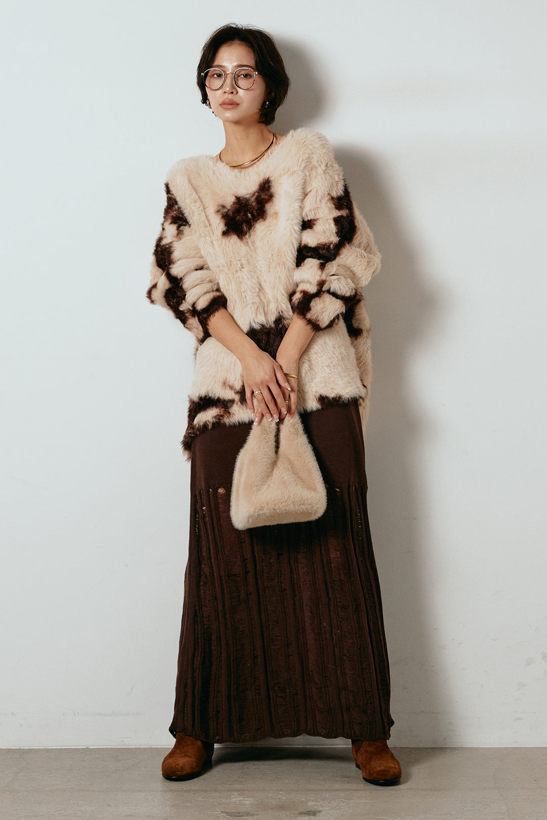 [SET]タイダイ柄シャギーニットトップス+裾シアーリブスカート(2set)