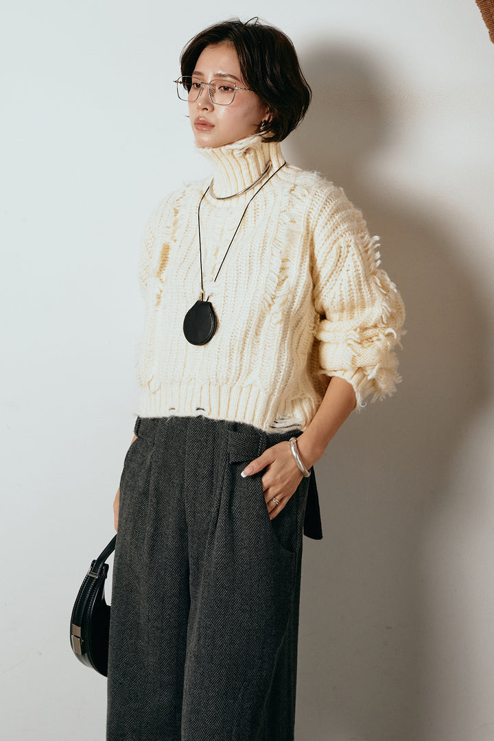 [SET]フリンジタートルショートニット+クラシックヘリンボーンサロペット(2set)