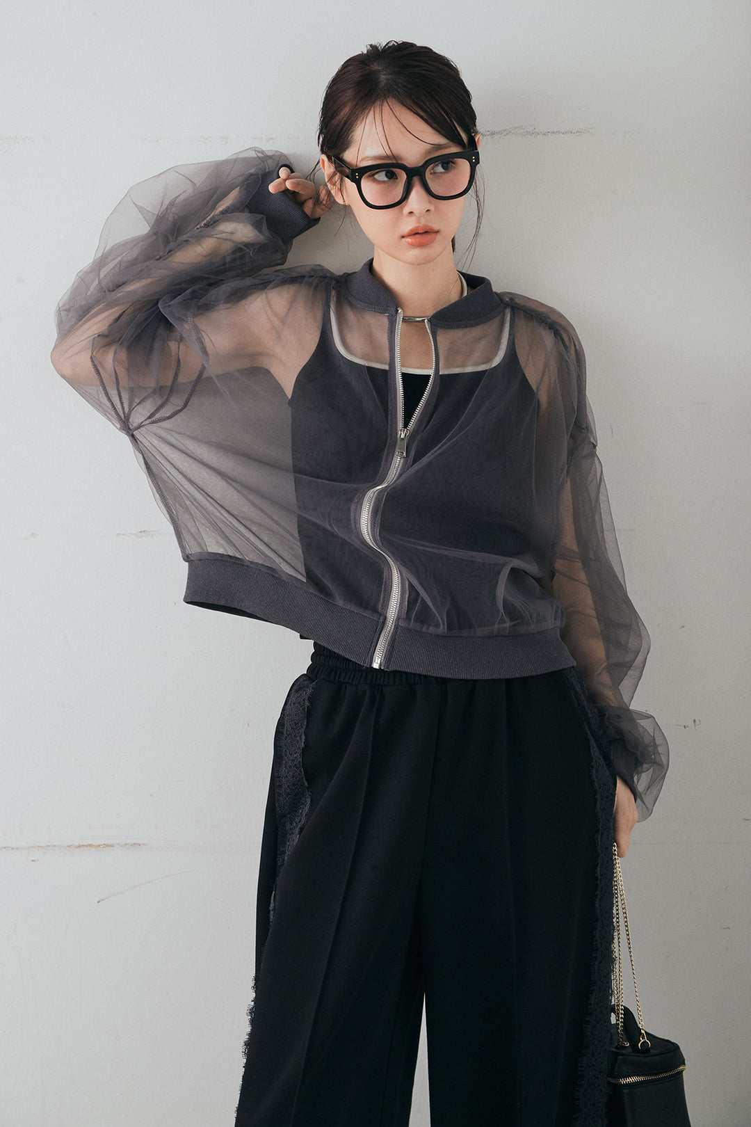 [SET]エアリーチュールスリーブシアーブルゾン+Wフェイスカットソーサイドレースラインパンツ(2set)