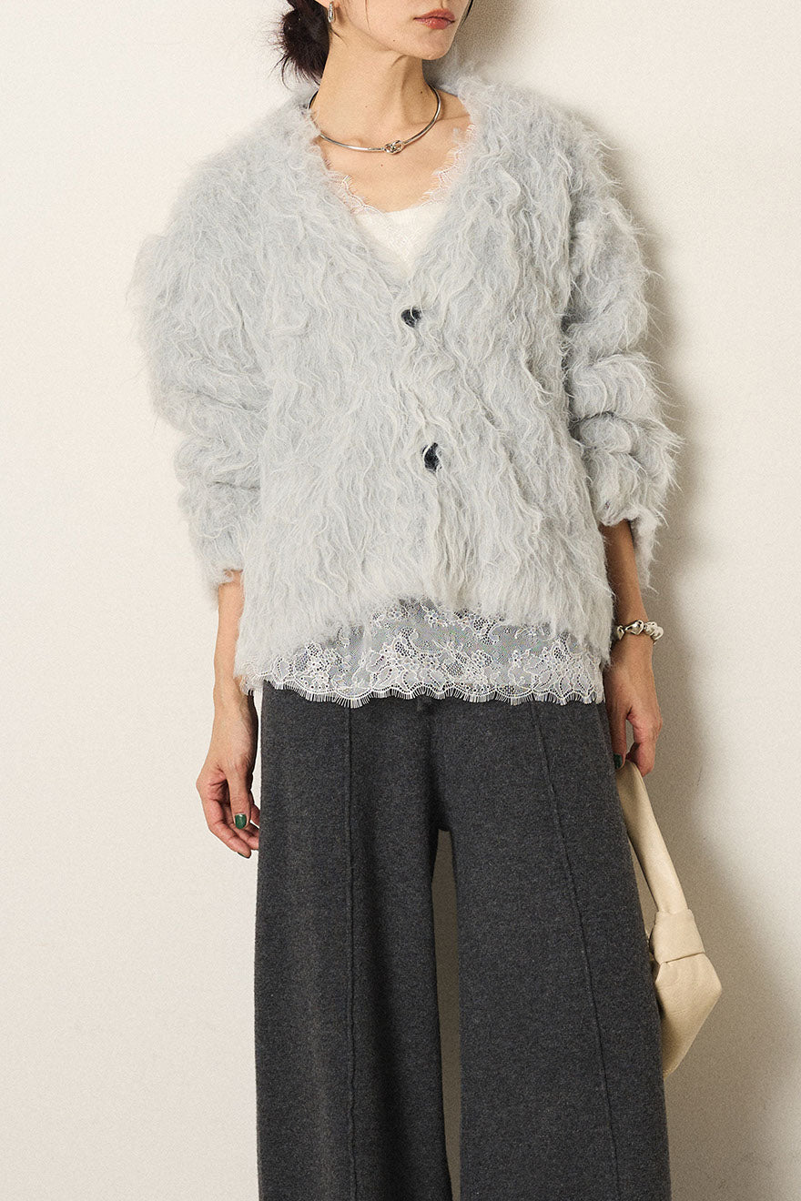 [SET]起毛シャギーニットカーディガン+レース切り替えキャミソール(2set)