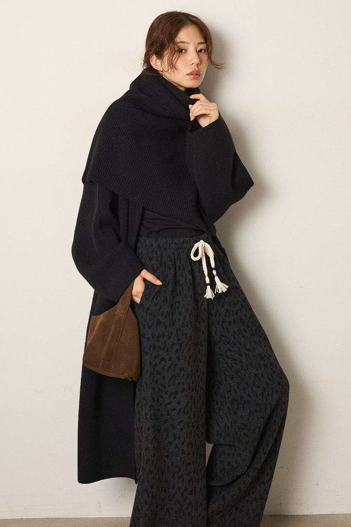 [SET]ケープレイヤードロングカーディガン+レオパードジャガードニットパンツ(2set)