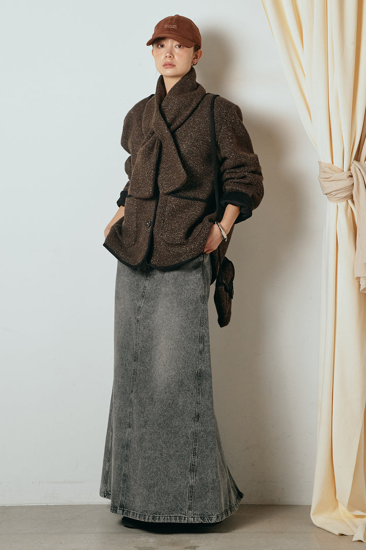 [SET]ノーカラーマフラーバッグ付きアウター+デニムロングフレアスカート(2set)