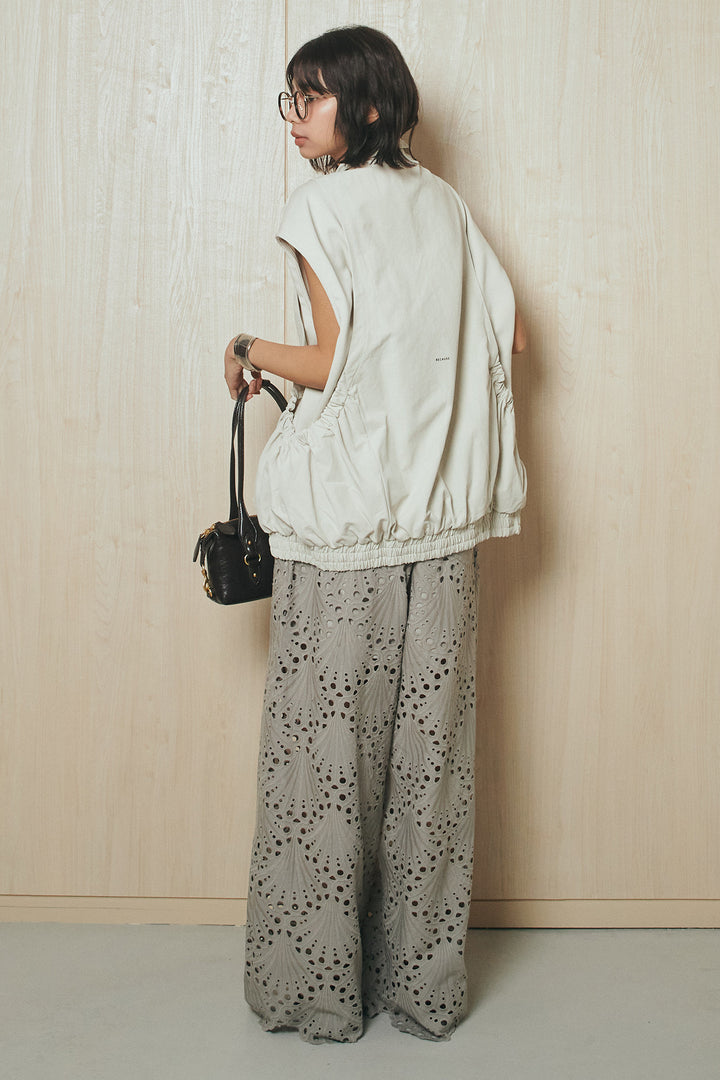 [SET]ショルダー切替スタンドネックジップベスト+レース刺繍リラックスパンツ(2set)