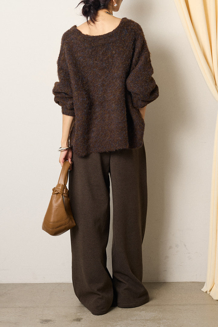 [SET]ウール混透かしロゴニットカーディガン+サイドベルトパンツ(2set)