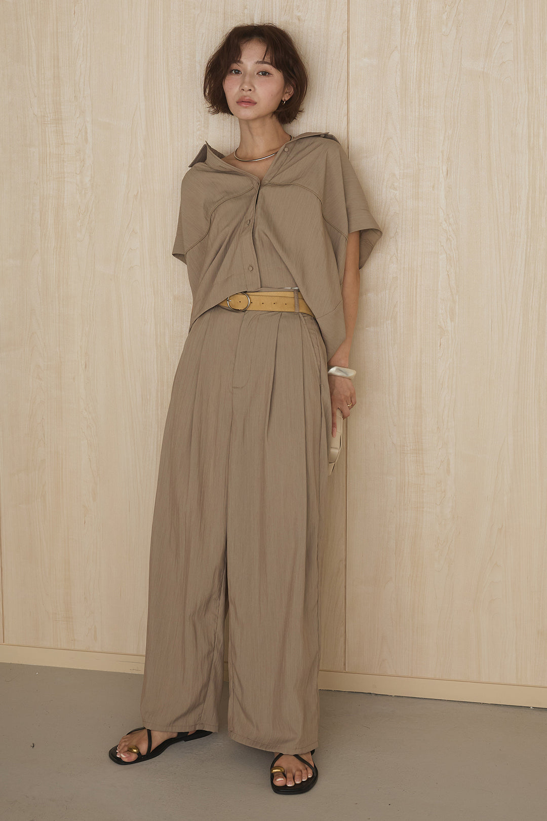 [SET]リネンライクランタンノースリシャツ+リネンライク2タックワイドパンツ(2set)