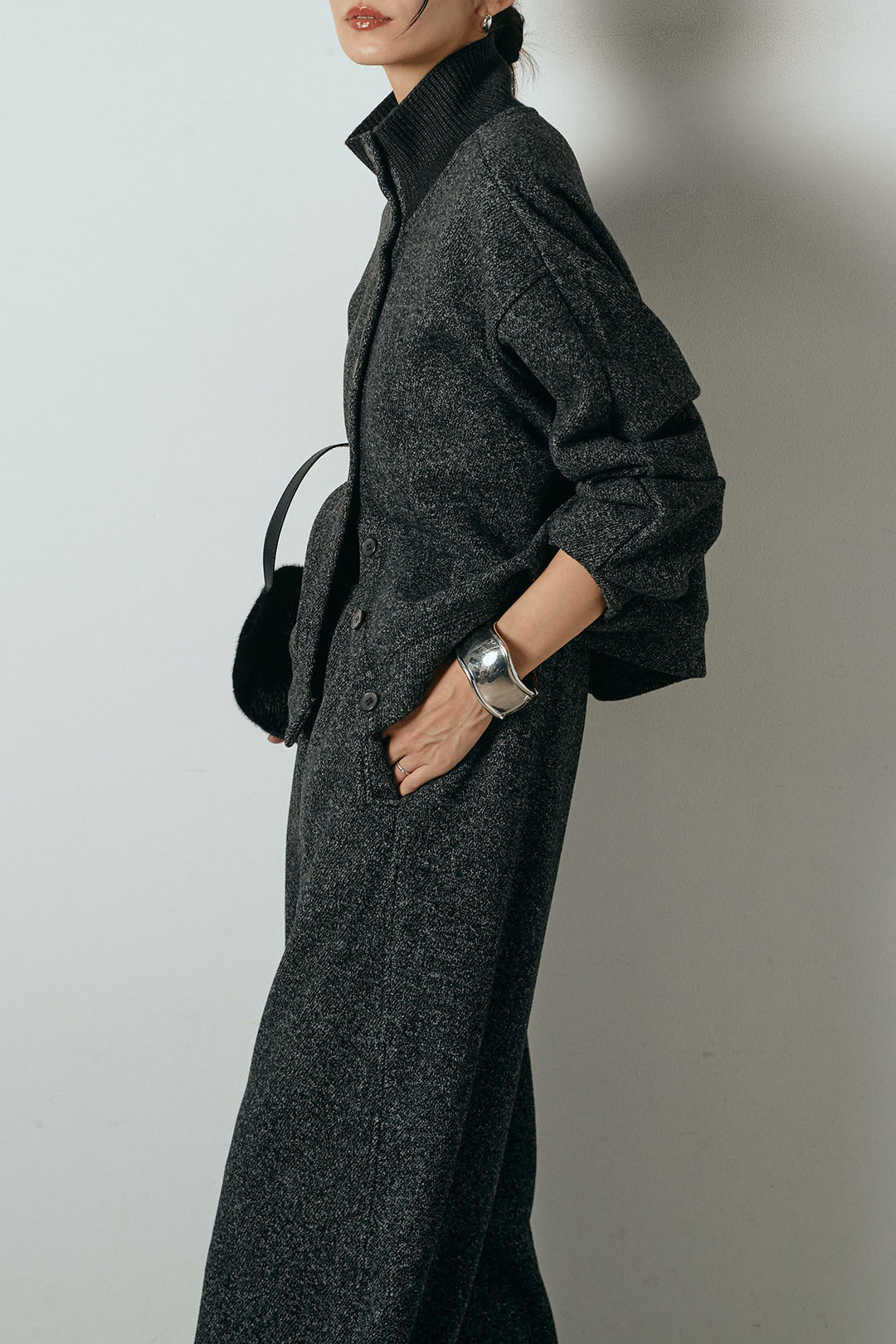 [SET]リブスタンドネックボタントップスSETUP