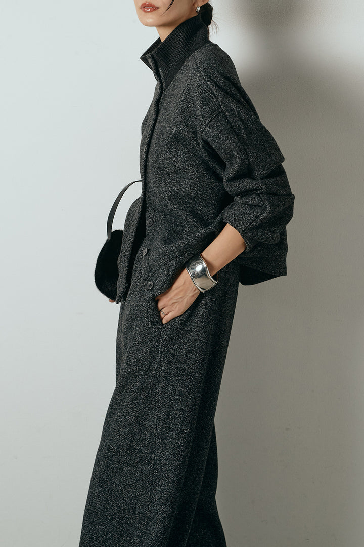 [SET]リブスタンドネックボタントップスSETUP