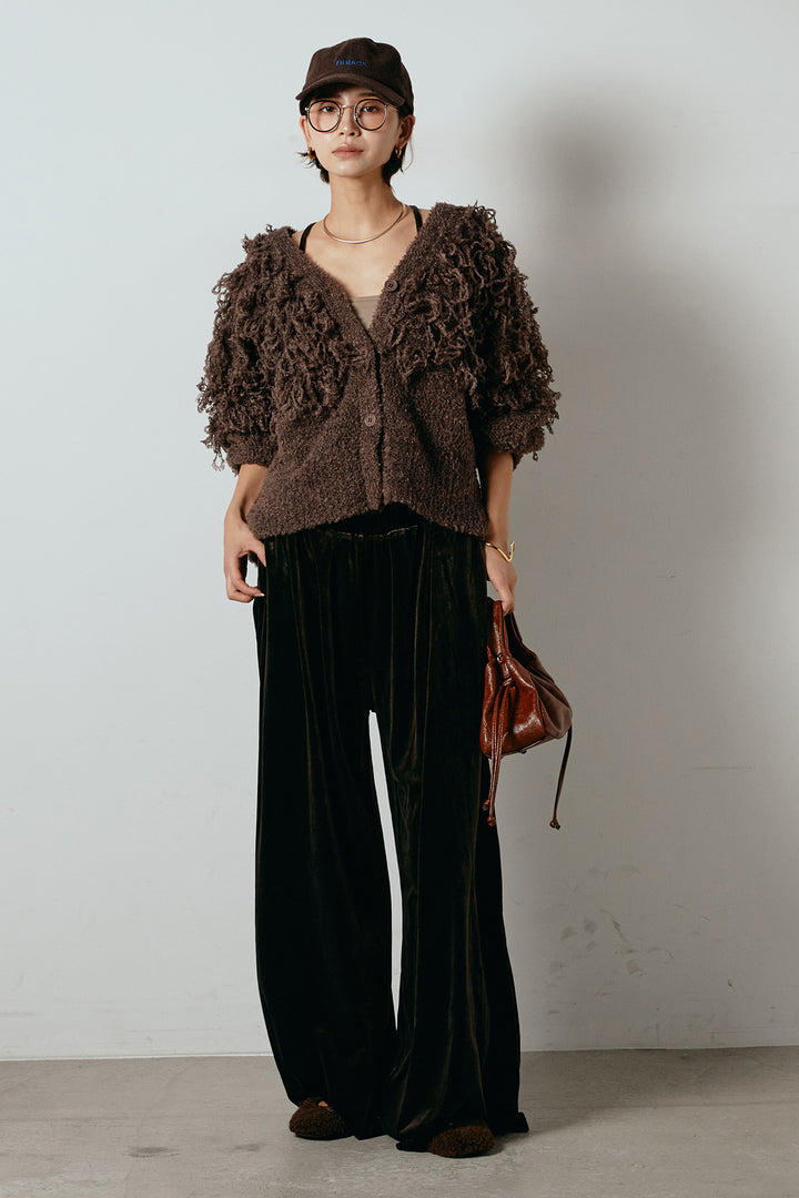 [SET]ループ編みVネックニットカーディガン+ベロアサスペンダー付きパンツ(2set)