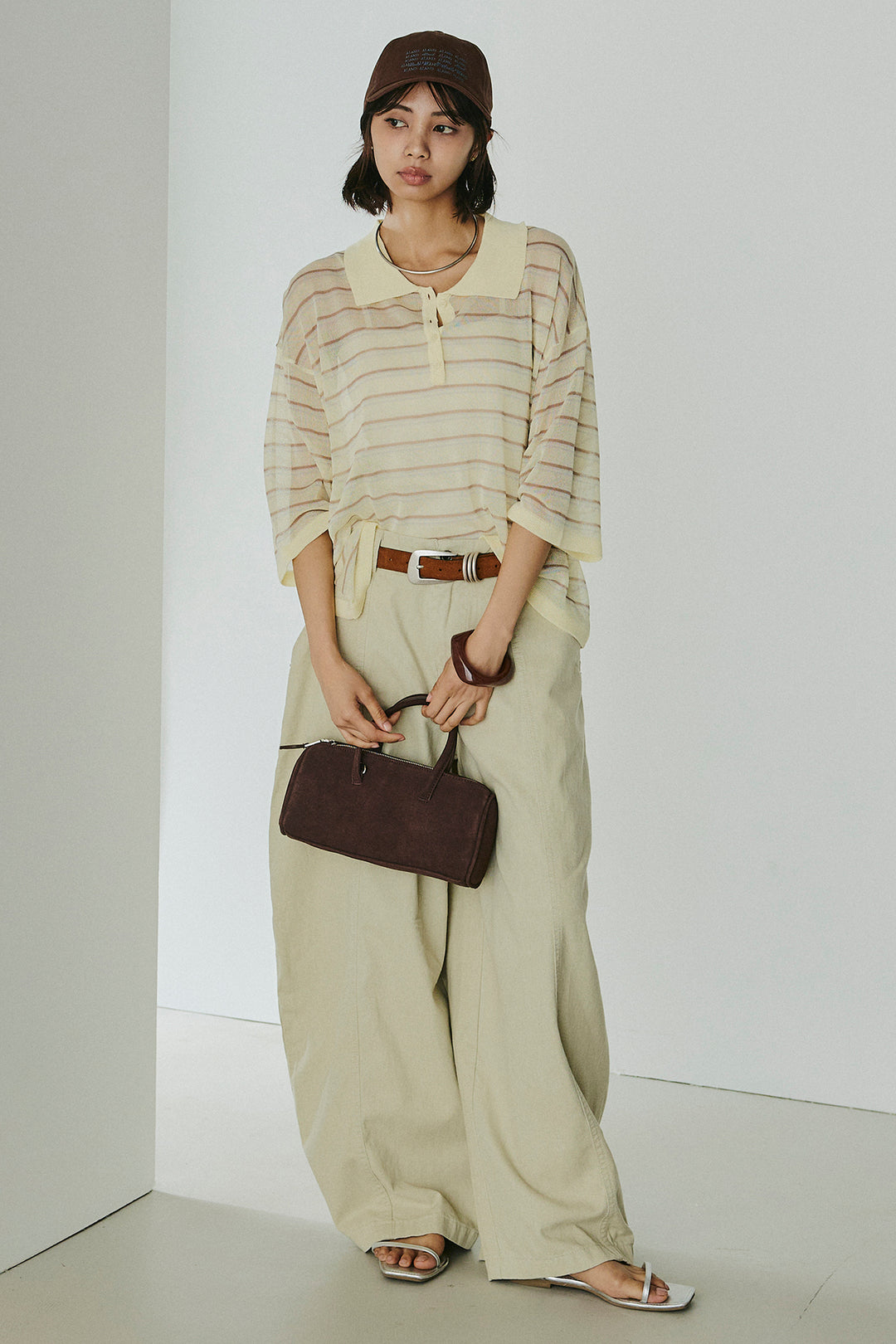 [SET]ボーダーニットポロシャツ+サイドベルトカーブワイドパンツ(2set)