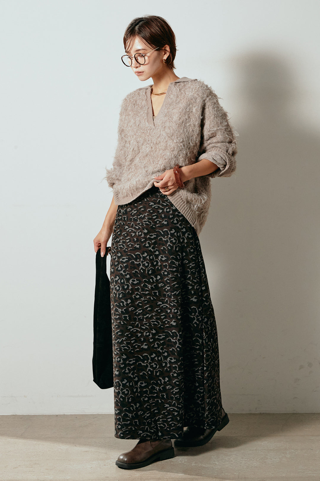 [SET]襟付きシャギーニットポロトップス+レオパードロングスカート(2set)