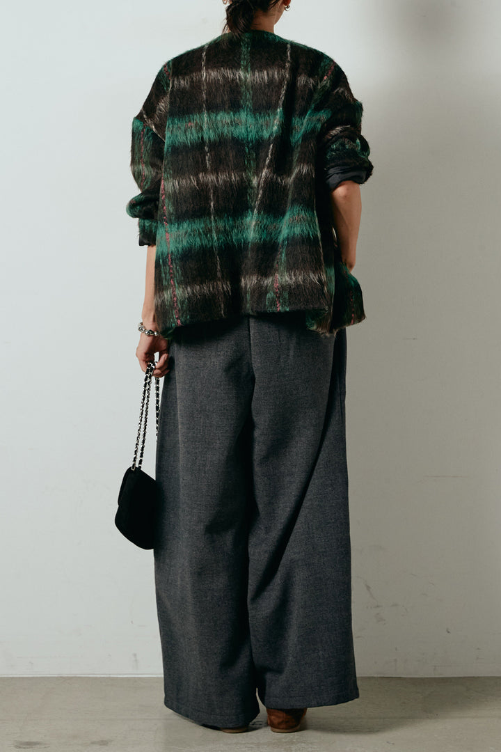 [SET]ノーカラーシャギーチェックアウター+ポーチベルト付きカーブパンツ(2set)