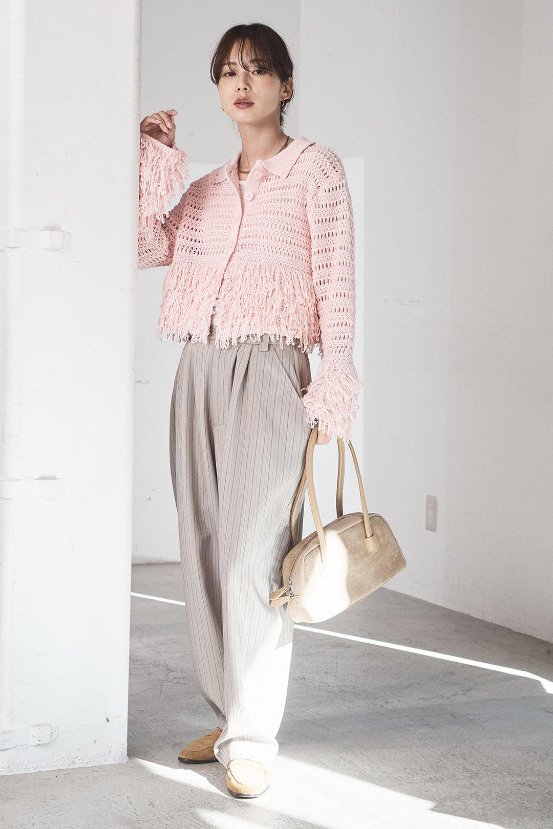 [SET]メッシュフリンジカーディガン+ヘリンボーンストライプツータックパンツ(2set)