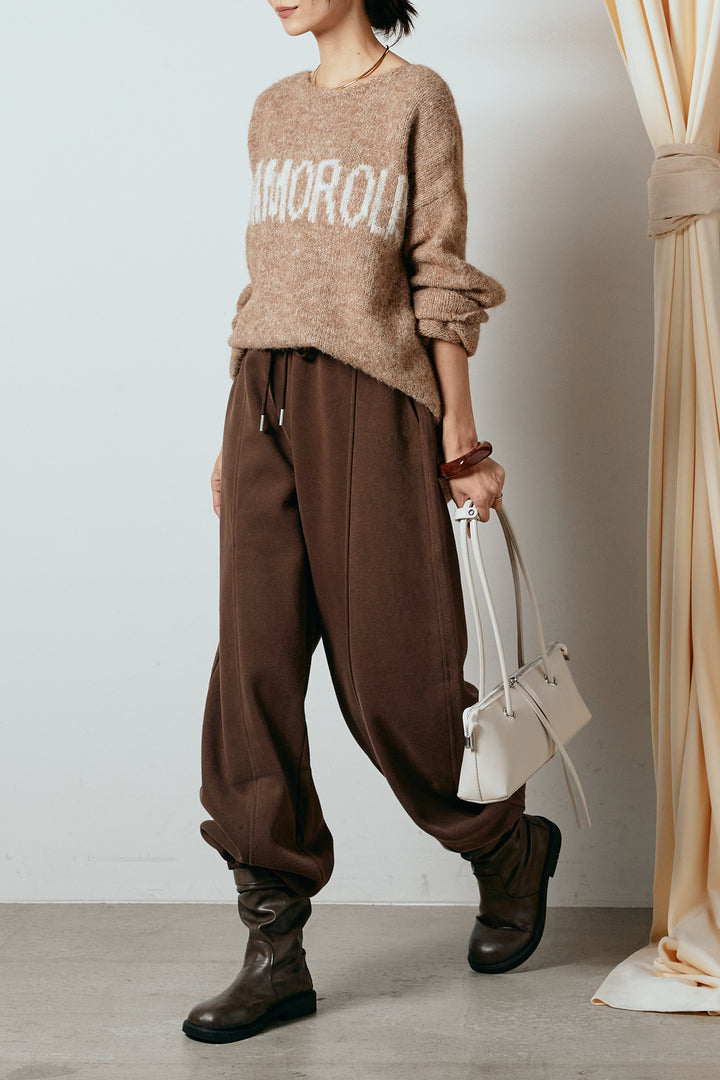 [SET]フロントロゴデザインニットトップス+スウェットワイドカーブパンツ(2set)