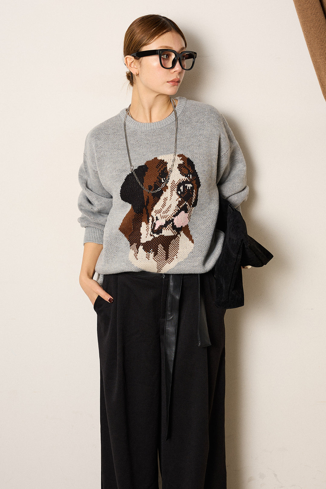 [SET]アニマルジャガード柄ニットトップス+巻ベルトウエストレザーライクワイドパンツ(2set)