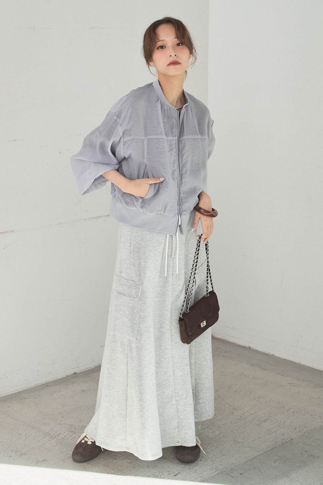 [SET]シアー×ポンチブルゾン+リラックススウェットスカート(2set)