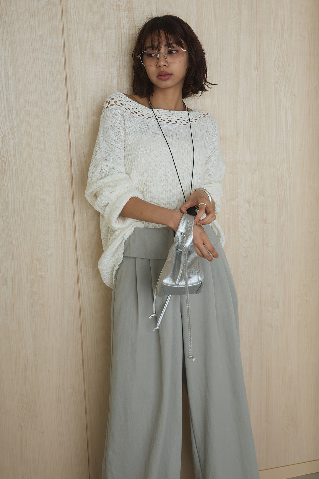 [SET]ネック編みデザインニットトップス+ウエスト折り返しワイドパンツ(2set)