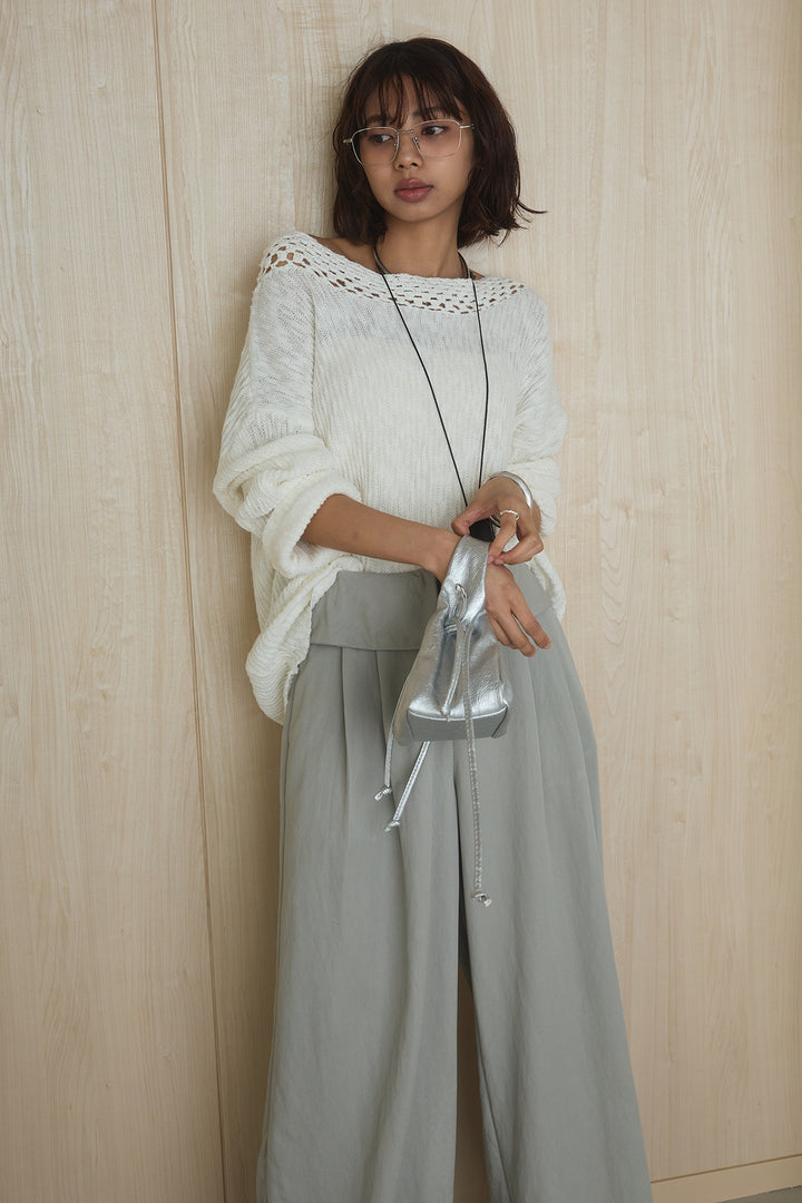 [SET]ネック編みデザインニットトップス+ウエスト折り返しワイドパンツ(2set)