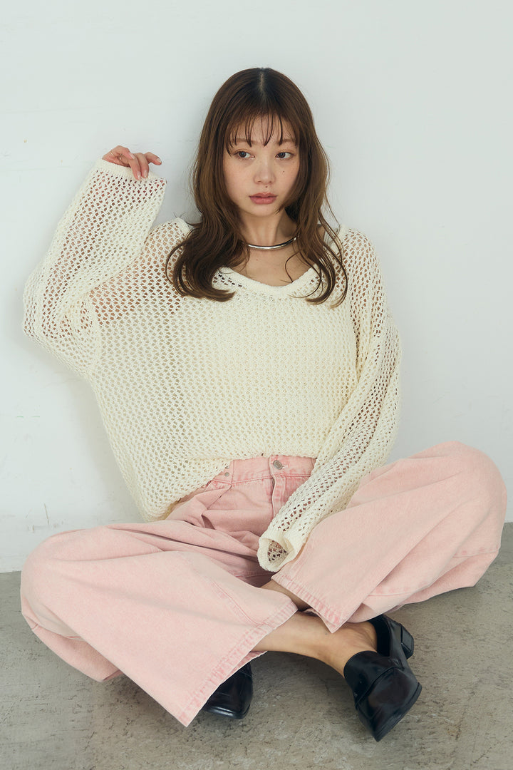 [SET]メッシュ編みビスチェセットVネックプルオーバー+カラーデニムタックカーブパンツ(2set)