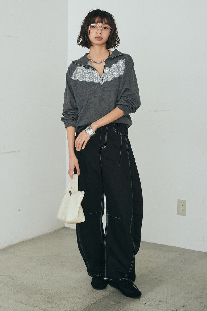 [SET]リバーレースハーフジップ裏毛スウェット+ツイル配色ステッチバレルパンツ(2set)