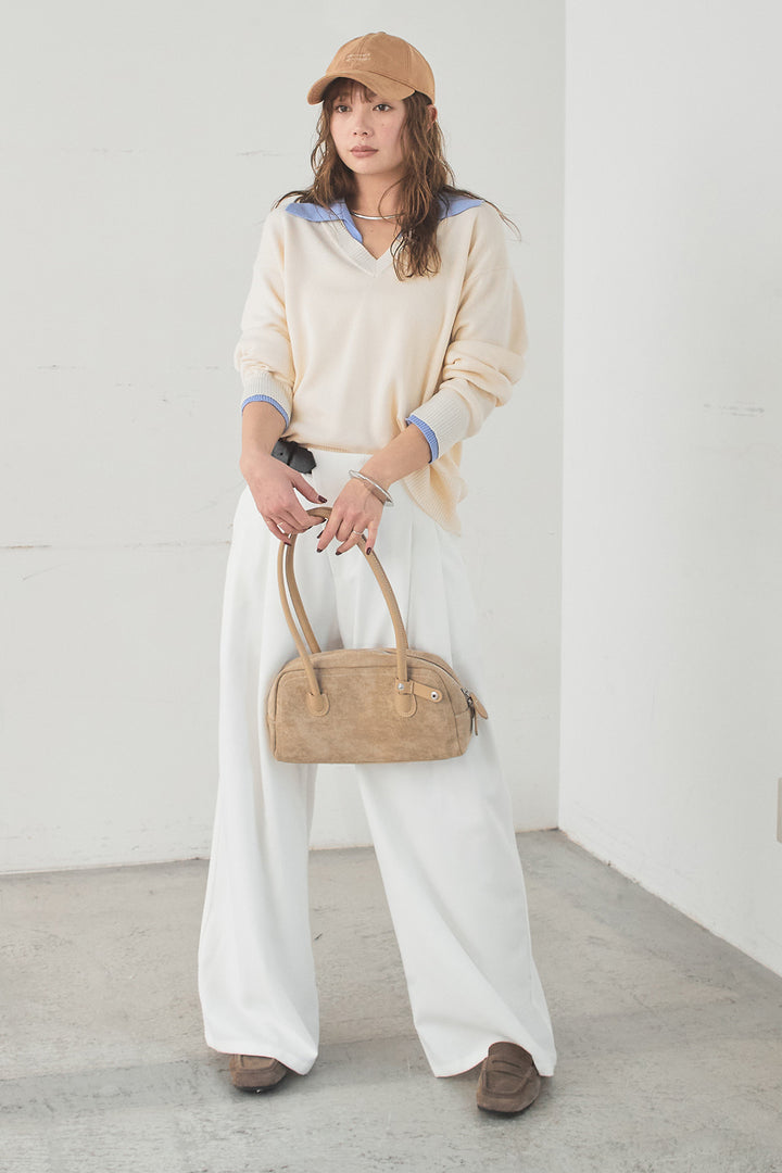 [SET]バイカラーニットレイヤード風プルオーバー+サイドベルトタック入りスラックス(2set)