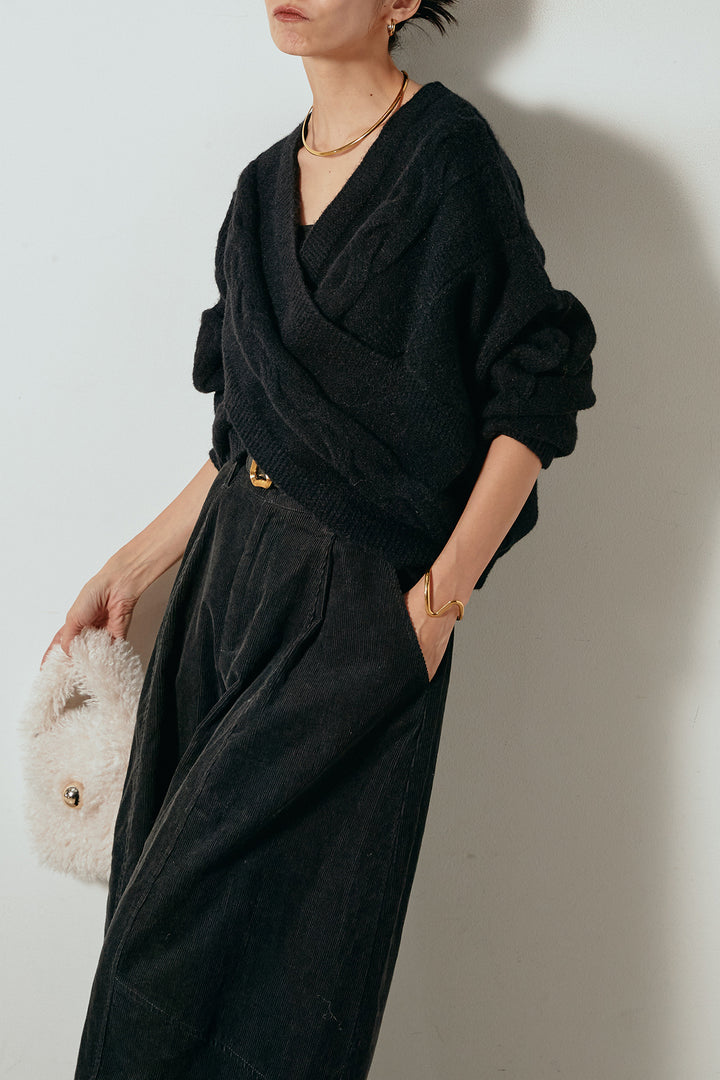 [SET]ケーブルカシュクールニットトップス+タック入りコーデュロイワイドパンツ(2set)